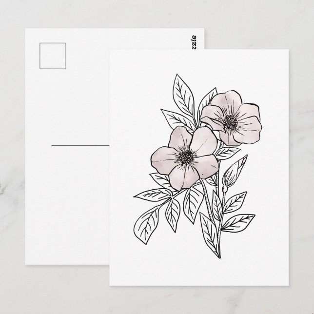 Blomma akvarell linjekonst, estetiskt element vykort (Fram/baksida)