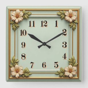 Blomma Art Deco Mint Fyrkantig Klocka