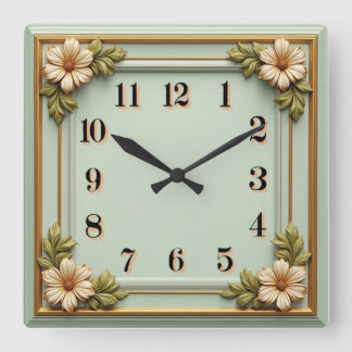 Blomma Art Deco Mint Fyrkantig Klocka