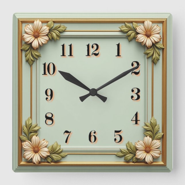 Blomma Art Deco Mint Fyrkantig Klocka (Framsida)