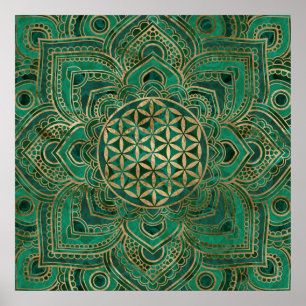 Blomma av liv i lotusblomma - Malachite och guld Poster