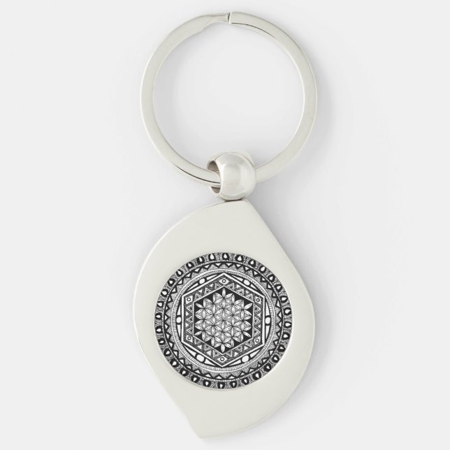 Blomma av livmandalaen swirl silverfärgad nyckelring (Framsidan)