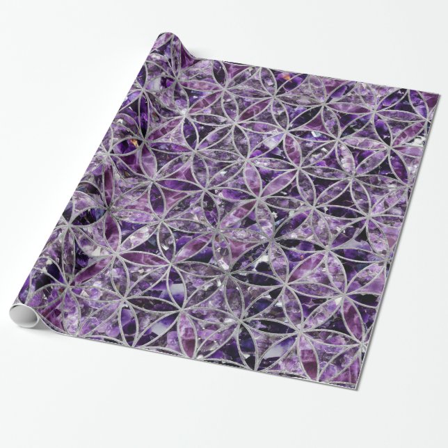 Blomma av livmönster - Amethyst och silver Presentpapper (Utrullad)