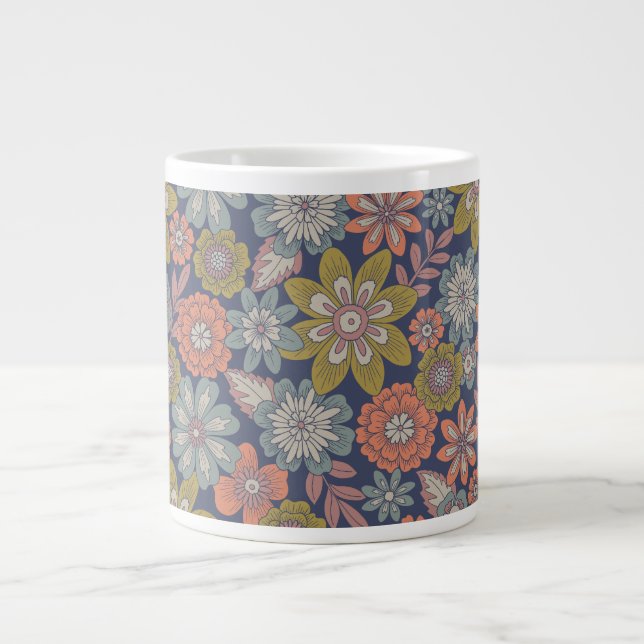 Blomma blommar & blommar i korall, blå & grön jumbo mugg (Framsidan)