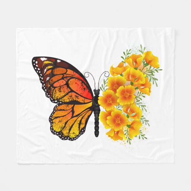 Blomma Fjäril med gul Kalifornien vallmo Fleecefilt (Framsidan (Horisontell))
