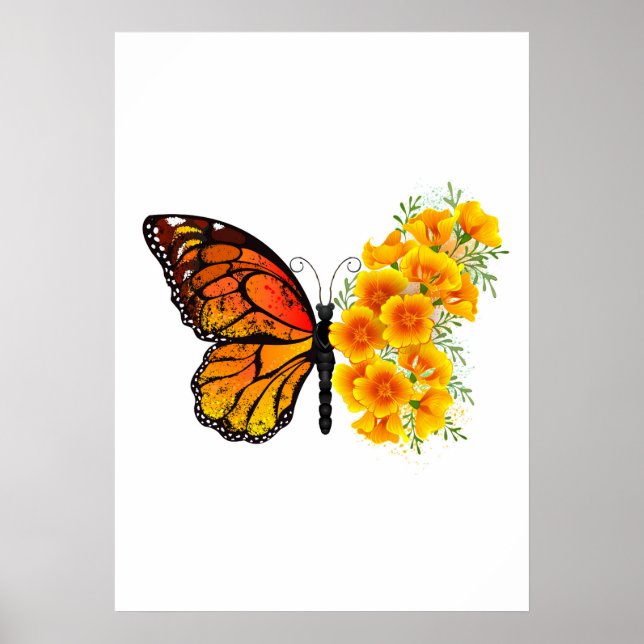 Blomma Fjäril med gul Kalifornien vallmo Poster (Framsidan)