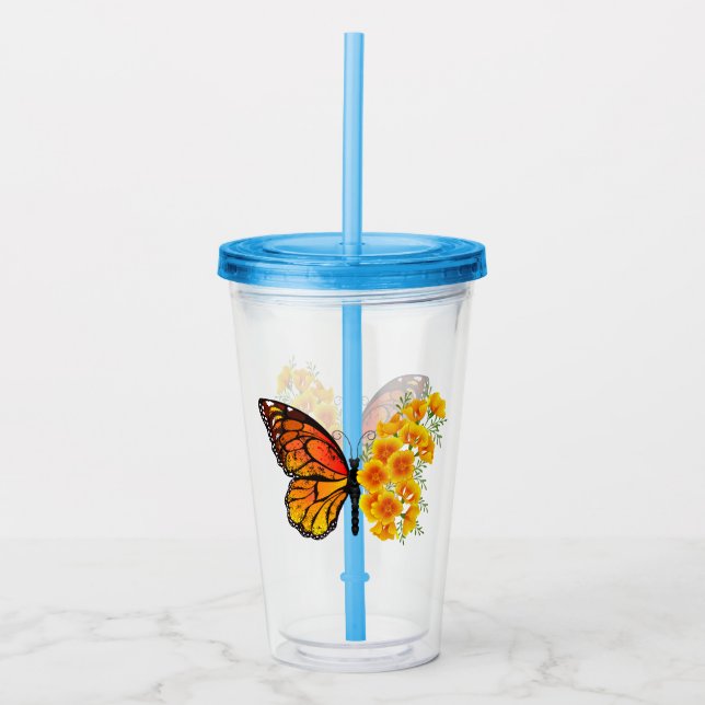 Blomma Fjäril med gul Kalifornisk vallmo Take Away Mugg (Framsida)