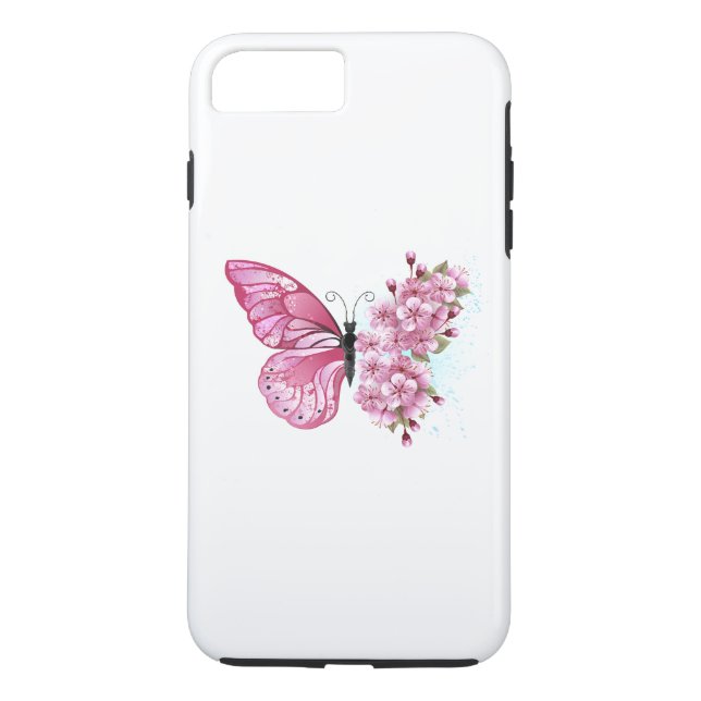 Blomma Fjäril med Rosa Sakura Case-Mate iPhone Skal (Baksida)