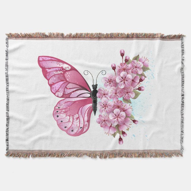 Blomma Fjäril med Rosa Sakura Filt (Framsidan)