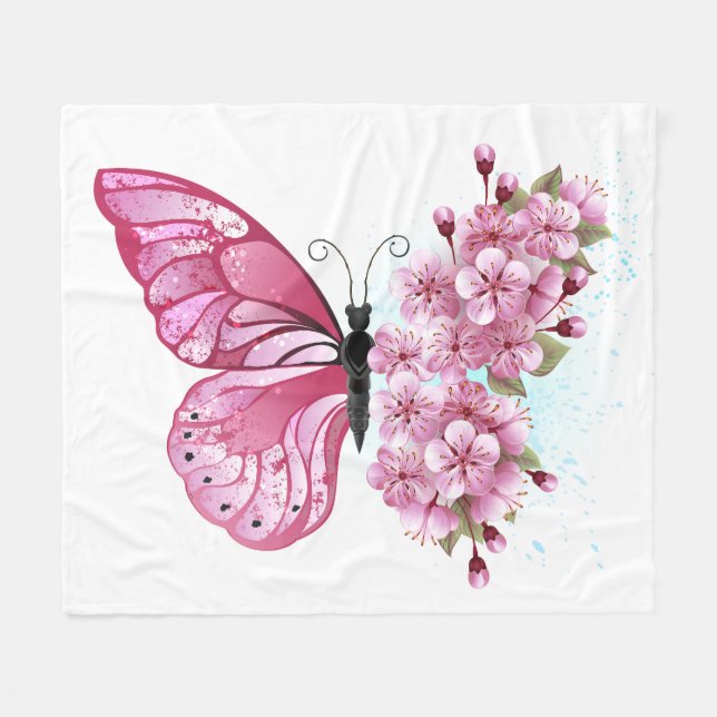 Blomma Fjäril med Rosa Sakura Fleecefilt (Framsidan (Horisontell))