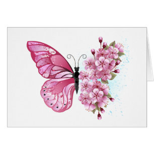 Blomma Fjäril med Rosa Sakura Hälsningskort