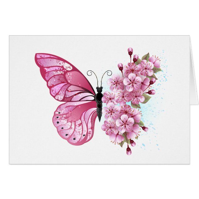Blomma Fjäril med Rosa Sakura Hälsningskort (Framsidan Horizontal)