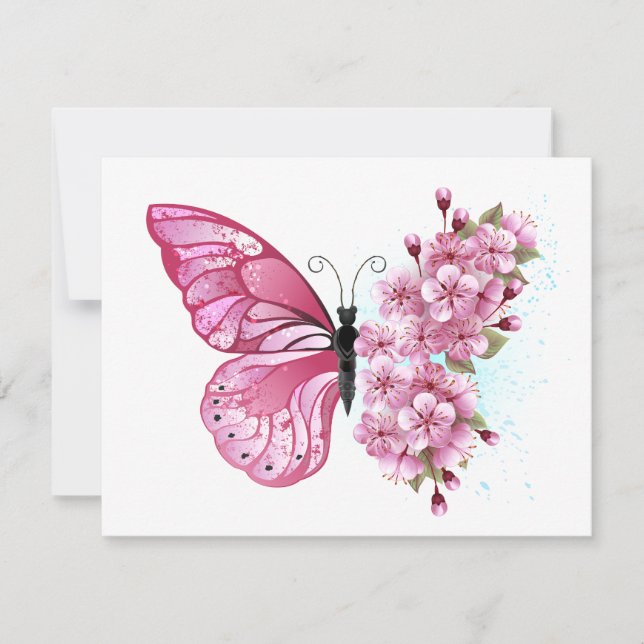 Blomma Fjäril med Rosa Sakura Kort (Framsida)