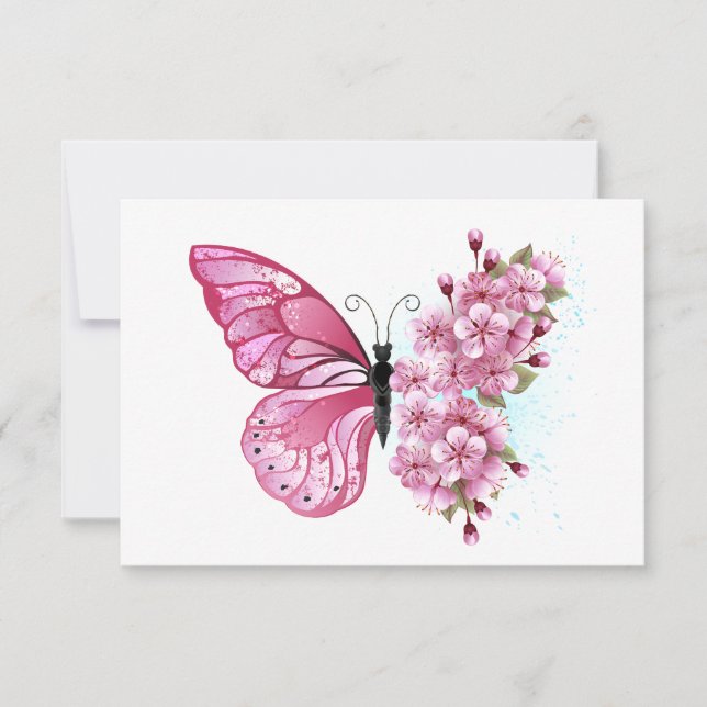 Blomma Fjäril med Rosa Sakura Kort (Framsida)