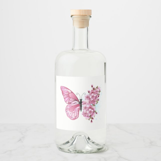 Blomma Fjäril med Rosa Sakura Spritflaskor Etikett (Framsida)