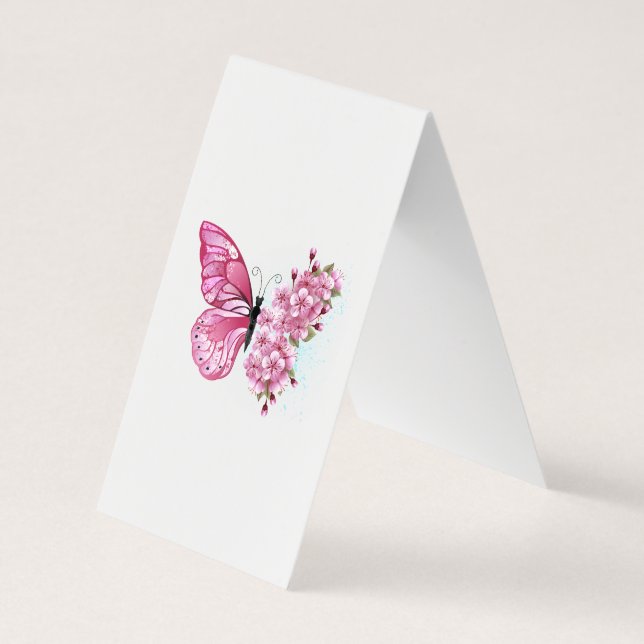 Blomma Fjäril med Rosa Sakura Visitkort (Baksida)