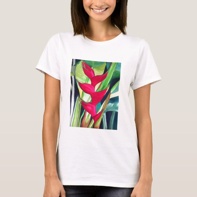 Blomma för akvarell för Heliconia hummerklo Tee Shirt (Framsida)