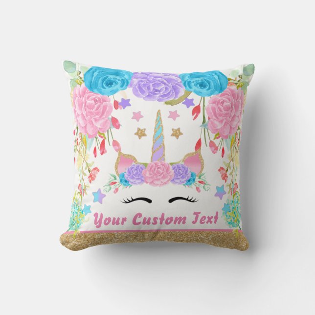 Blomma för vattenfärg för personligMonogramUnicorn Kudde (Framsida)
