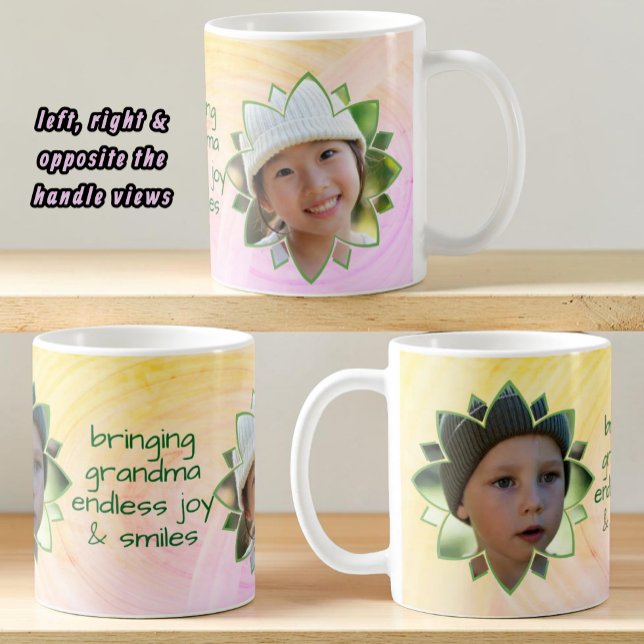 Blomma Form Utbytbar Foto Färgrik Bakgrund Kaffemugg (Fun double photo mug with template text centered opposite the handle.)