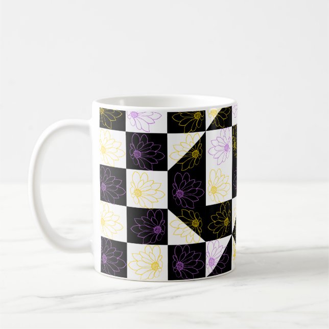 blomma i Monokroma Aesthetic Checker mönster Kaffemugg (Vänster)