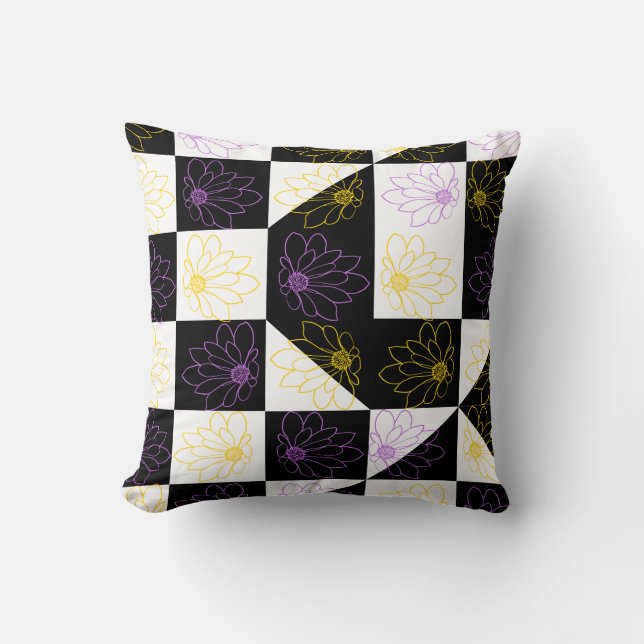 blomma i Monokroma Aesthetic Checker mönster Kudde (Framsida)