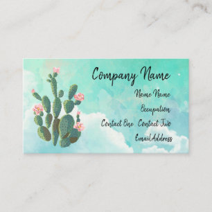 Blomma kaktus med blå himmel bakom visitkort