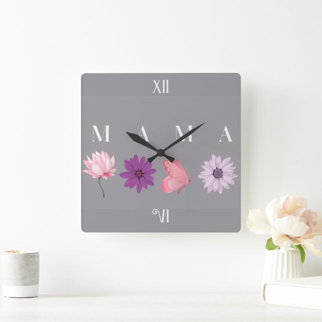 Blomma Mama Fjäril Morsdag Present, Födelsedag Fyrkantig Klocka (Hem)