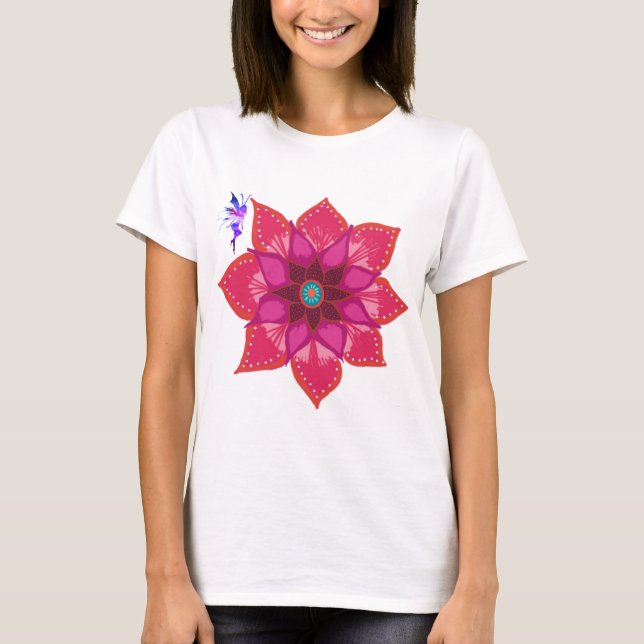 Blomma Mandala Fe Mössa T-Shirt, Vit Tröja (Framsida)
