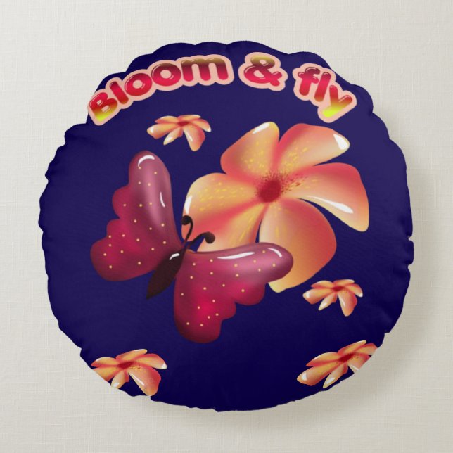 Blomma och Flyg Fjäril Blomma Estetisk Söt Inspire Rund Kudde (Framsidan)