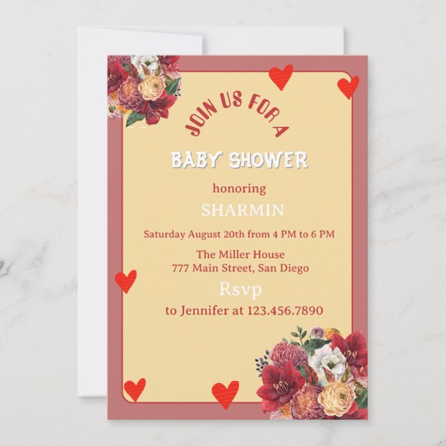 Blomma och hjärta Baby Shower-inbjudan (Framsida)