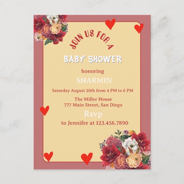 Blomma och hjärta Baby Shower-inbjudan Vykort (Framsida)