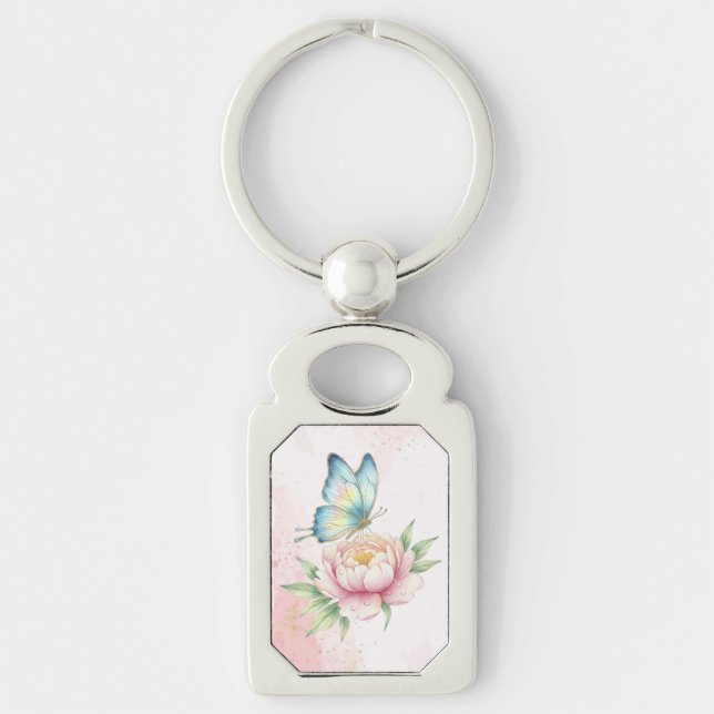 Blomma Rektangulärt Silverfärgad Nyckelring (Framsidan)