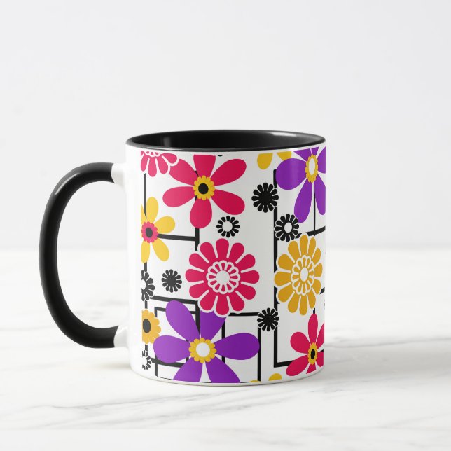 Blomma retro, ljus retro, blom-, röd och gul mugg (Vänster)