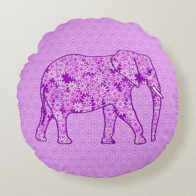 Blommaelefant - amethyst lila rund kudde (Framsidan)