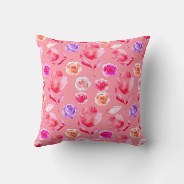 BLOMMÅLAT VATTENFÄRG ROSA ROSOR KASTKUDDE KUDDE (Baksida)