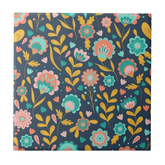 Blommamönster för Folk konst Kakelplatta (Framsidan)