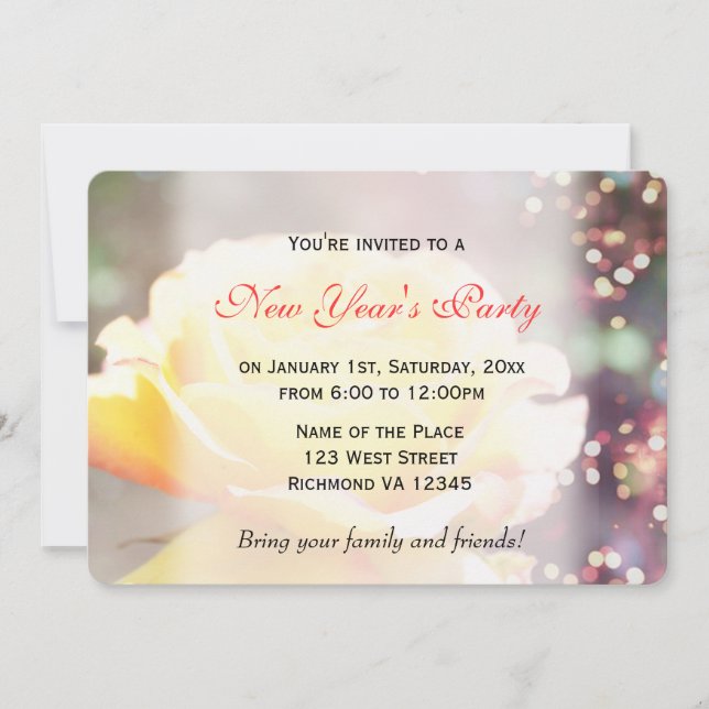 Blomman helgdag i gul ros under det nya året party inbjudningar (Framsida)
