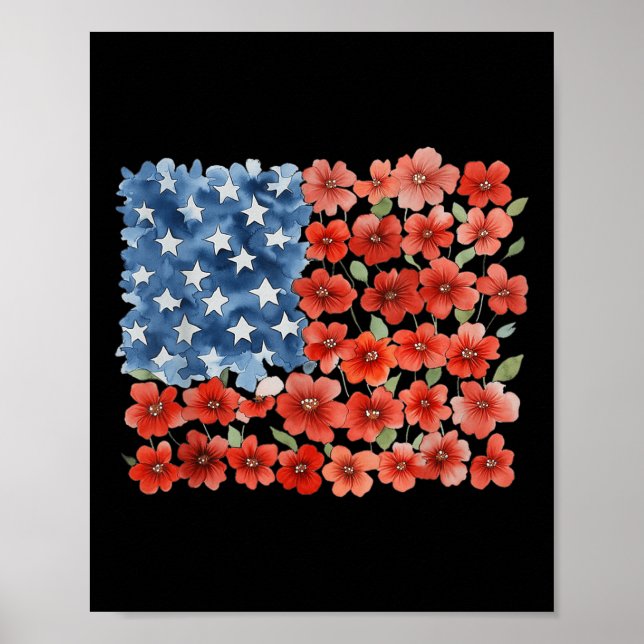 Blomman Penseldrag Amerika Flagga 4:e Juli Blommig Poster (Framsidan)