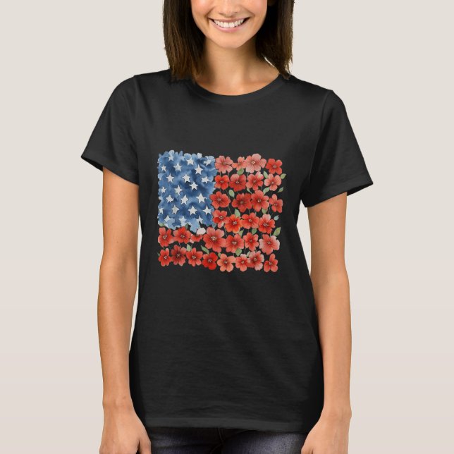 Blomman Penseldrag Amerika Flagga 4:e Juli Blommig T Shirt (Framsida)