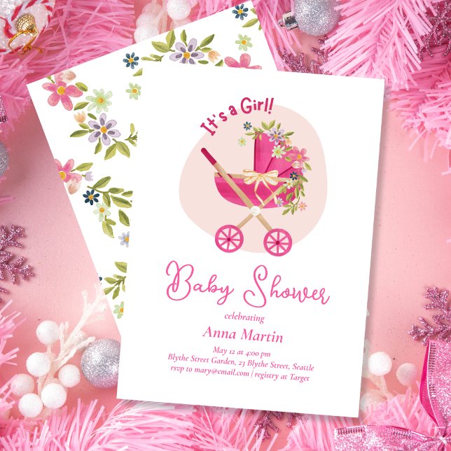 Blommande barnvagnsbjudning till baby shower inbjudningar (Skapare uppladdad)