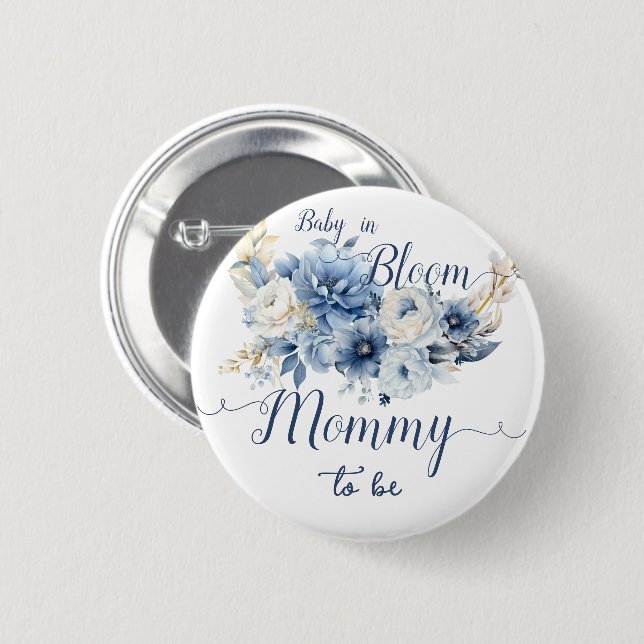 Blommande bebis Eleganta blå blommor Blivande mamm Knapp (Framsida & baksida)