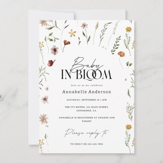 Blommande bebis vildblomma baby shower inbjudan (Framsida)