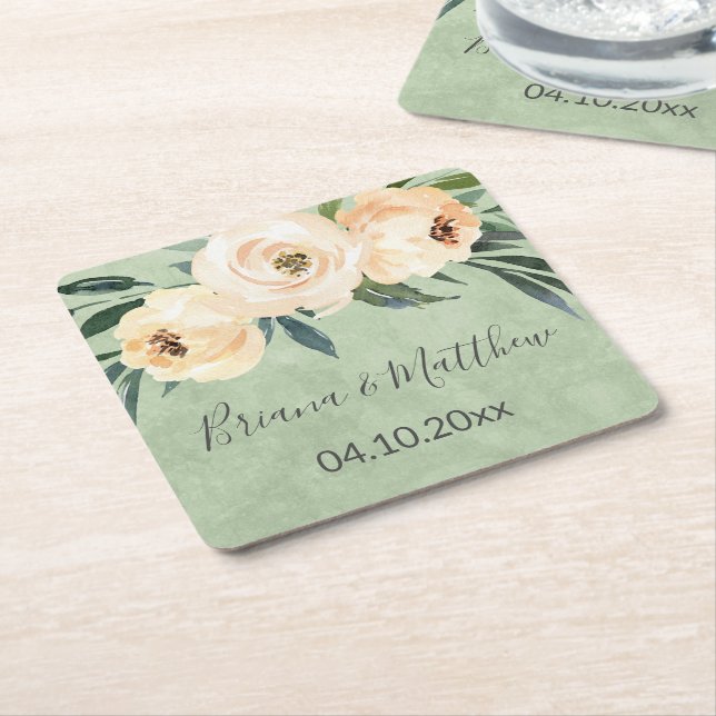 Blommande Beige Rosé på Grön Bröllopsfest Underlägg Papper Kvadrat (Vinklad)