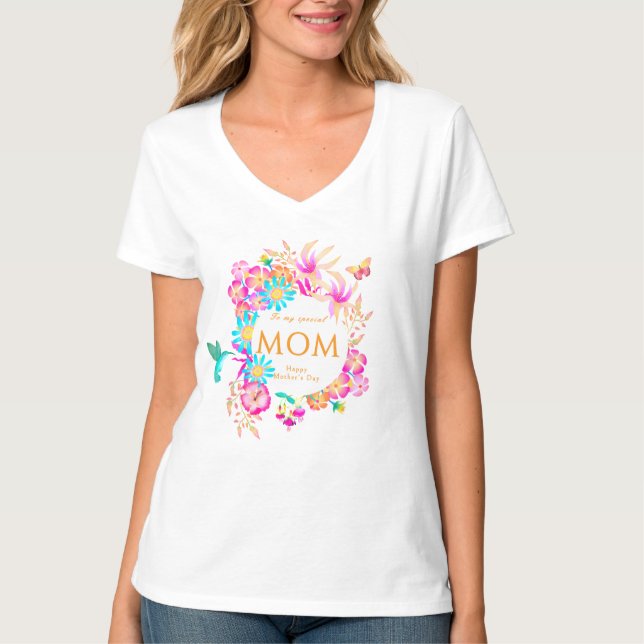Blommande Blommig Mamma Vit T Shirt (Framsida)