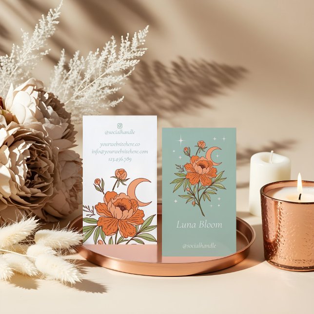 Blommande Blommig Pion Celestiala Holistiska Måne Visitkort (Blooming Floral Peony Celestial Holistic Moon Business Card)