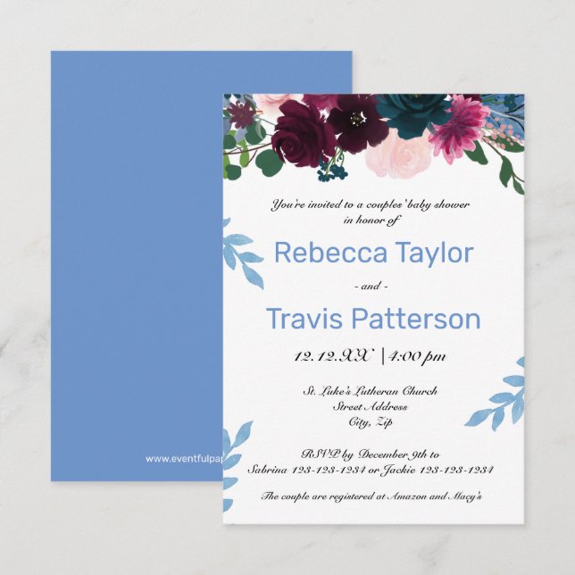 Blommande blommor Blå - 3x5 Par Baby Shower Inbjudningar (Fram/baksida)