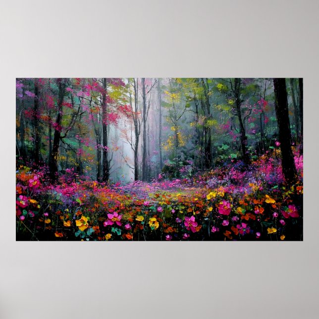 Blommande blommor och höga träd i fridfull skog poster (Framsidan)