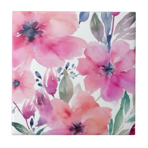 Blommande blommor   Vattenfärg rosa blommor målade Kakelplatta