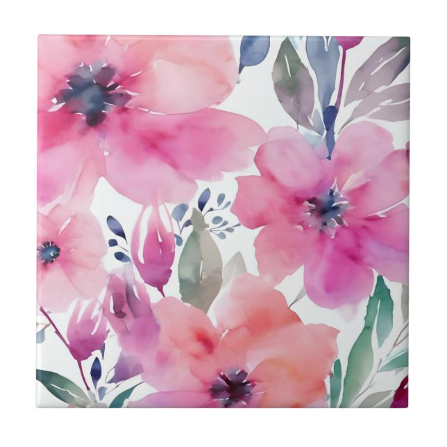 Blommande blommor | Vattenfärg rosa blommor målade Kakelplatta (Framsidan)