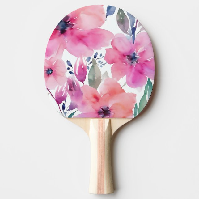 Blommande Blommor | Vattenfärg Rosa Blommor Målade Pingisracket (Framsidan)